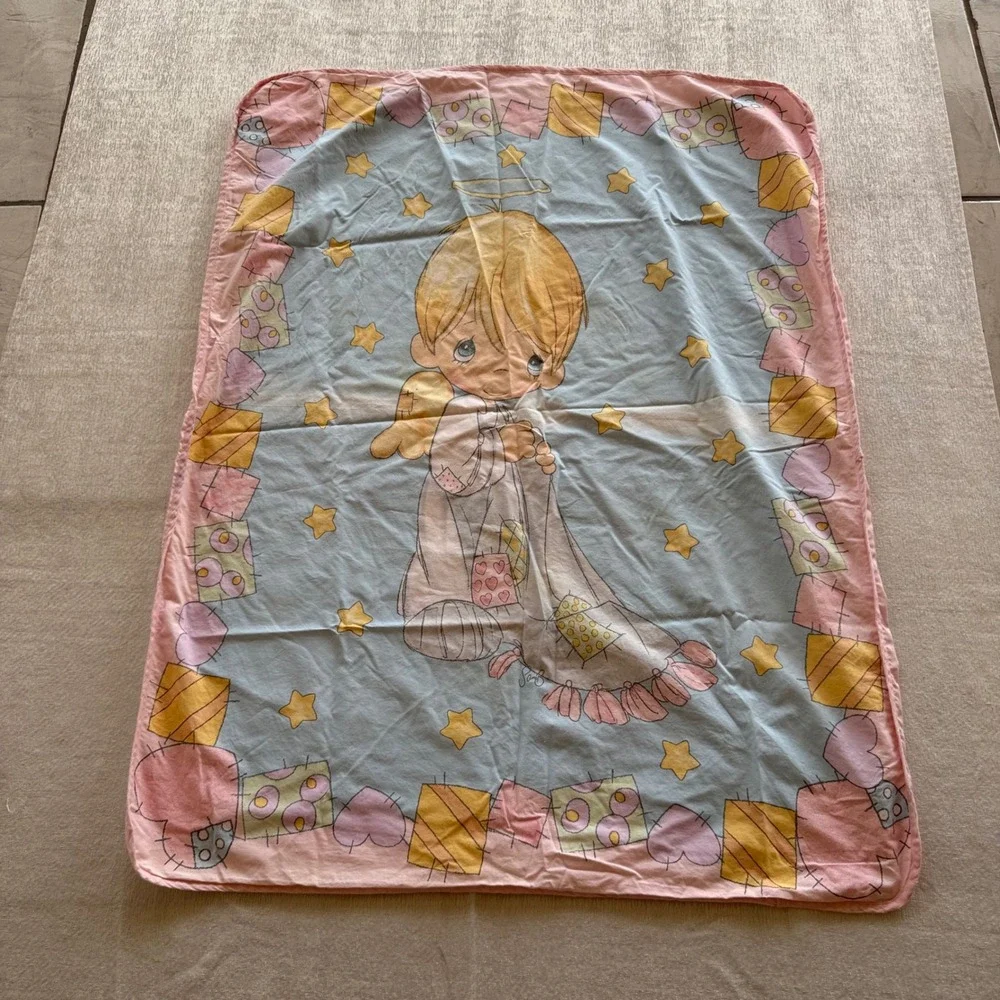 Vintage Precious Moments Baby Blanket 42x31 Pink Blue Stars Angel Boy
